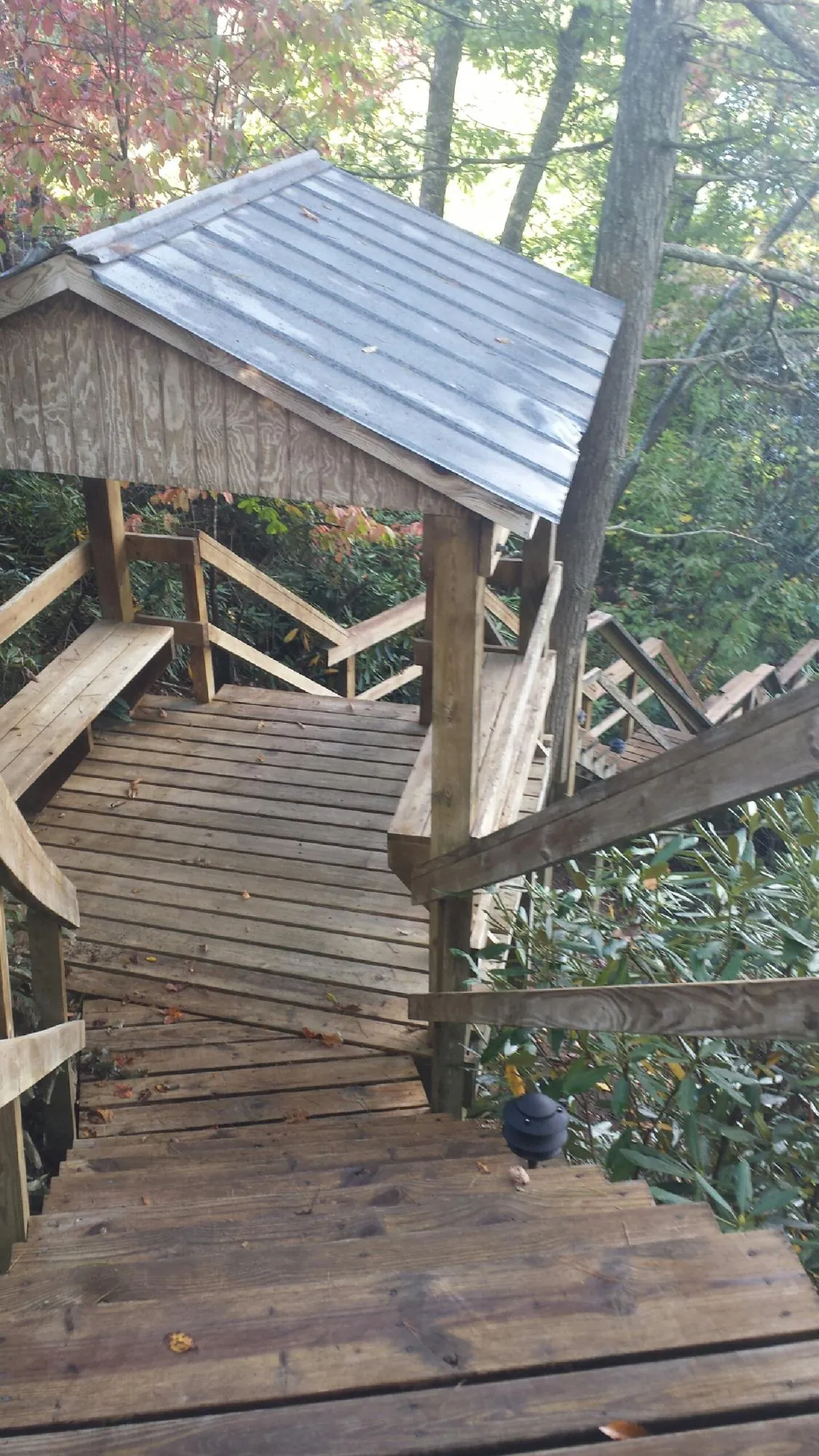 Metal roofed shelter over wooden steps on a wooded walkway — Skylight Repair & Installation work by our crew in Frankewing